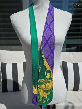 Versace Green, Purple and Gold Baroque Skinny Scarf Tie